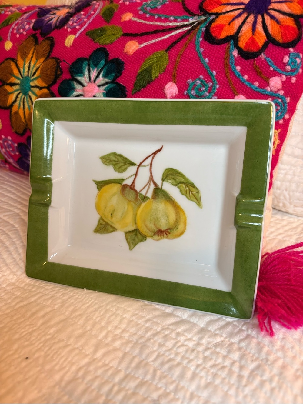 Limoges Green-Rimmed Porcelain Tray with Yellow Fruit Painting